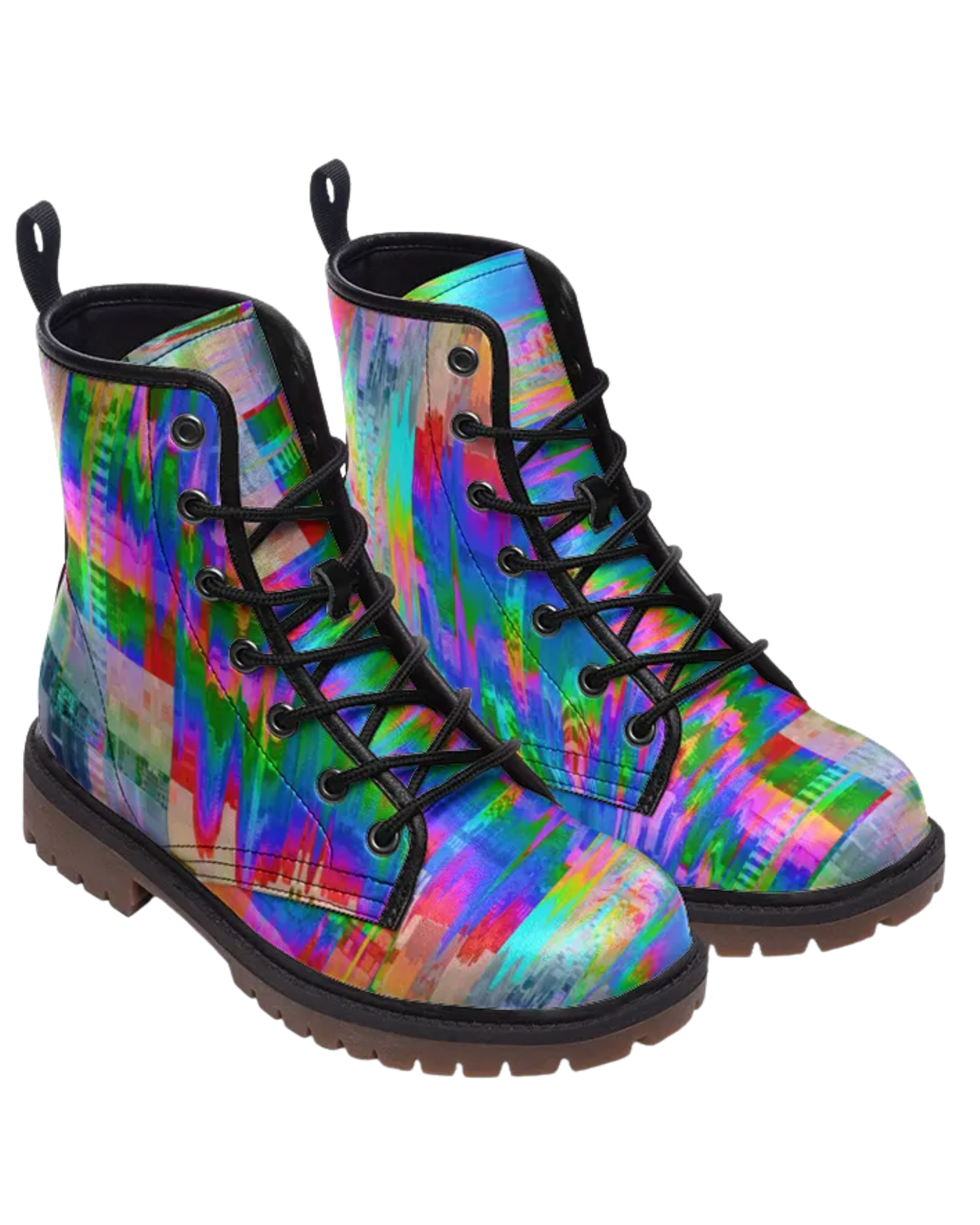 pair of combat boots with colorwash pattern in blue, red, green, pink, teal with black laces
