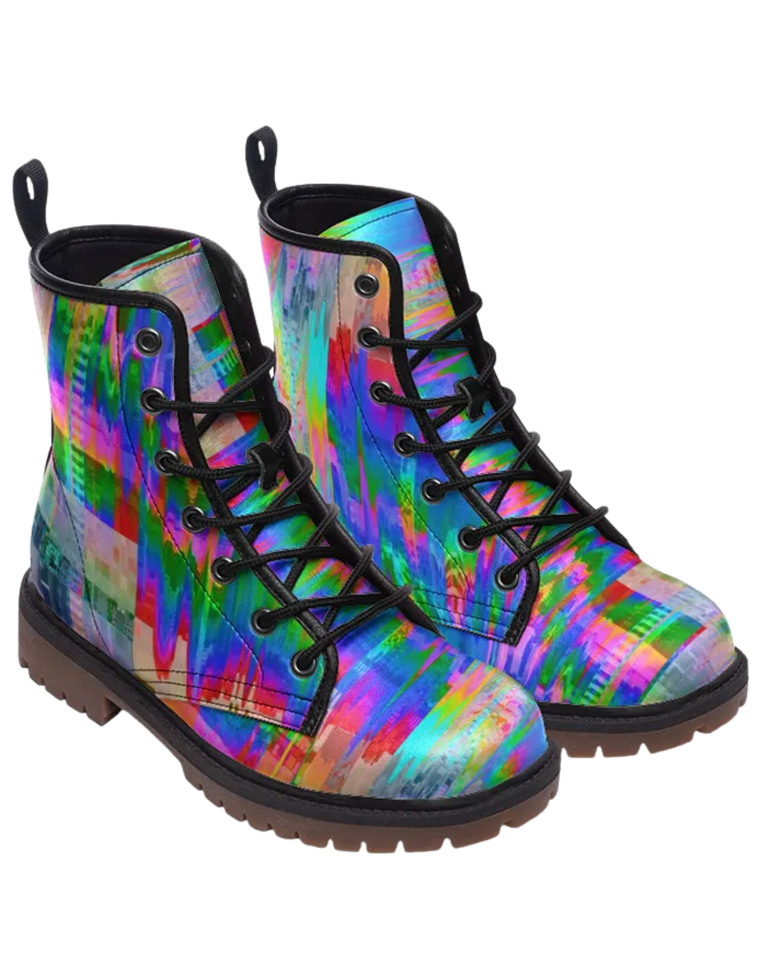 pair of combat boots with colorwash pattern in blue, red, green, pink, teal with black laces
