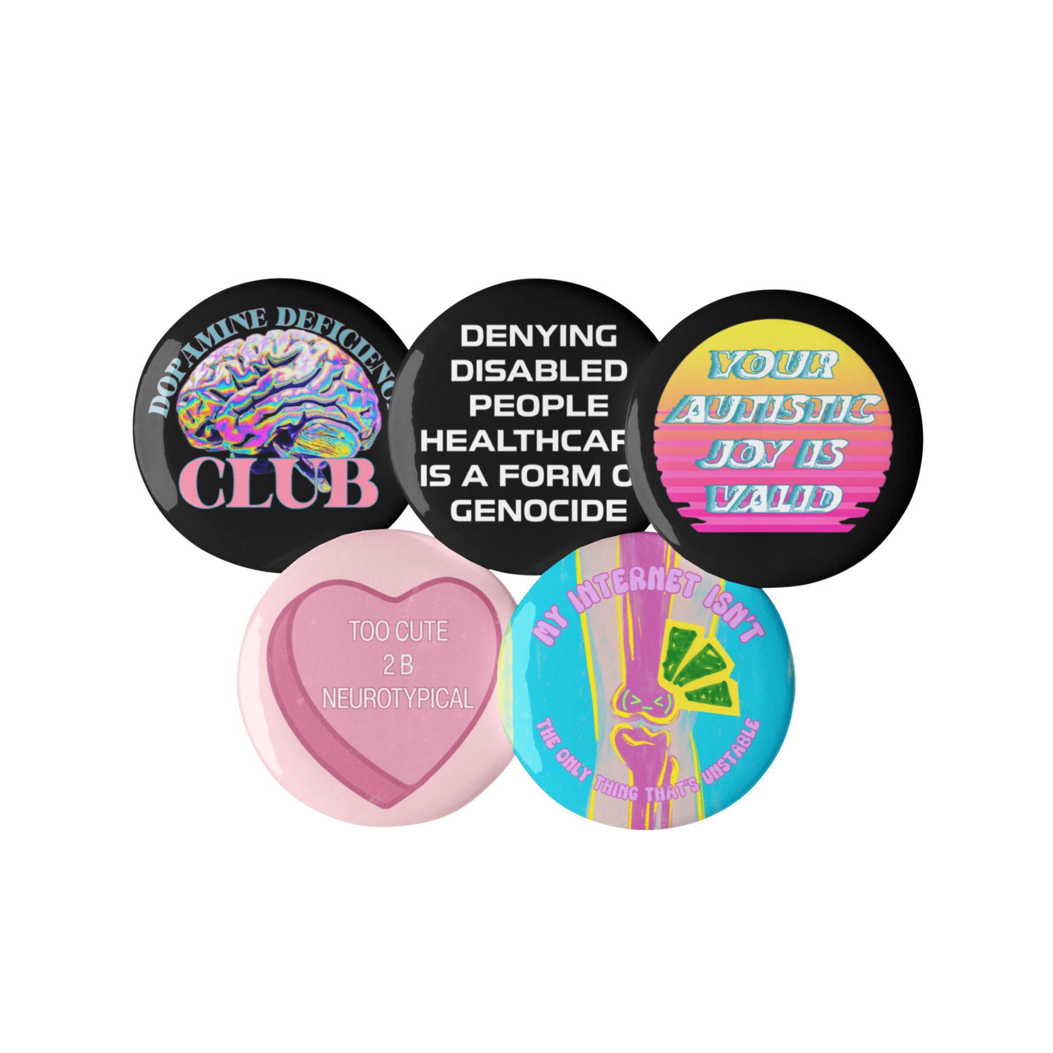 Disability Awareness - Set of 5 Pin Buttons-autism-brain-button pins-NumbskullzKC