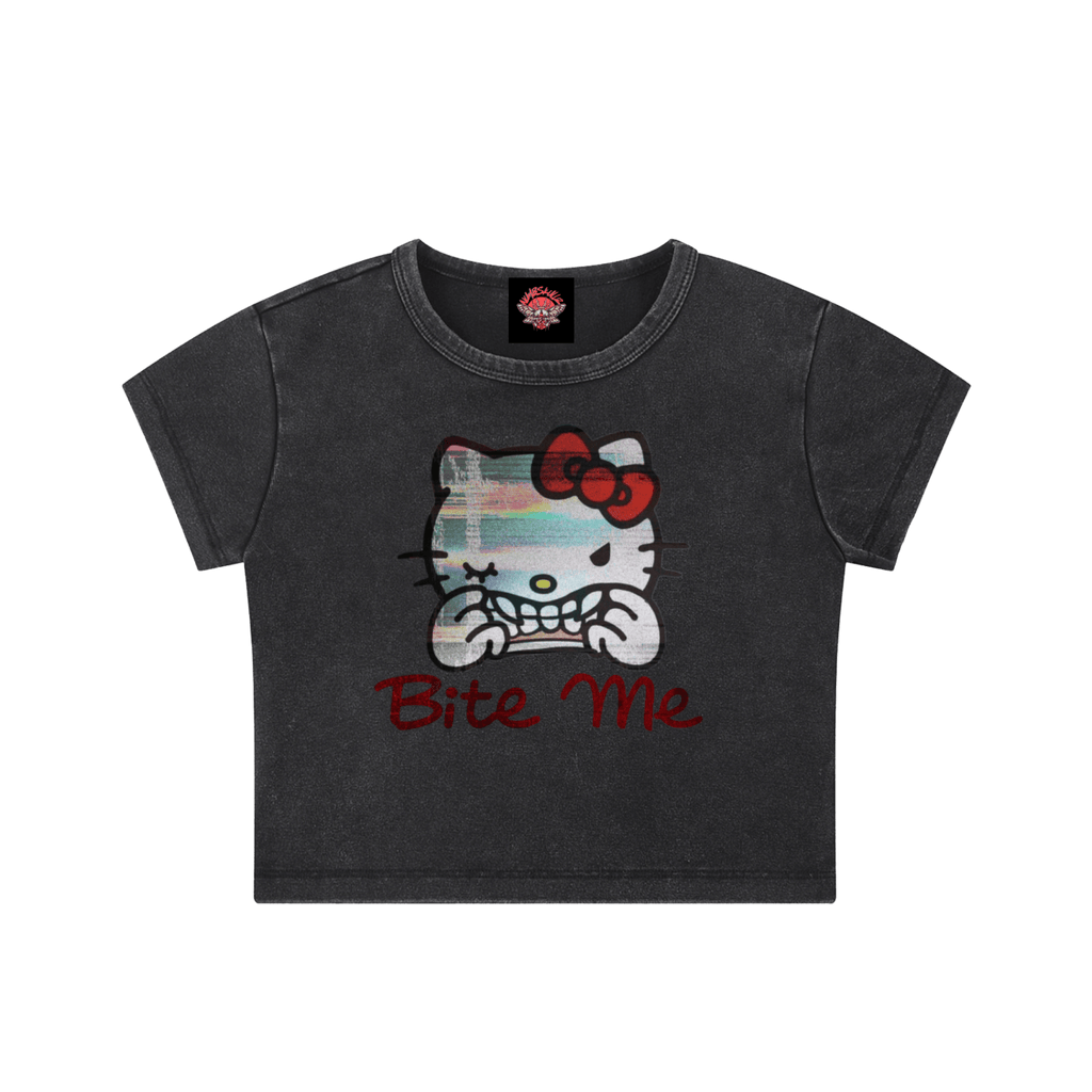 Hello, My Kitty Bites - Snow Washed Crop Top-80s-90s-animal-NumbskullzKC