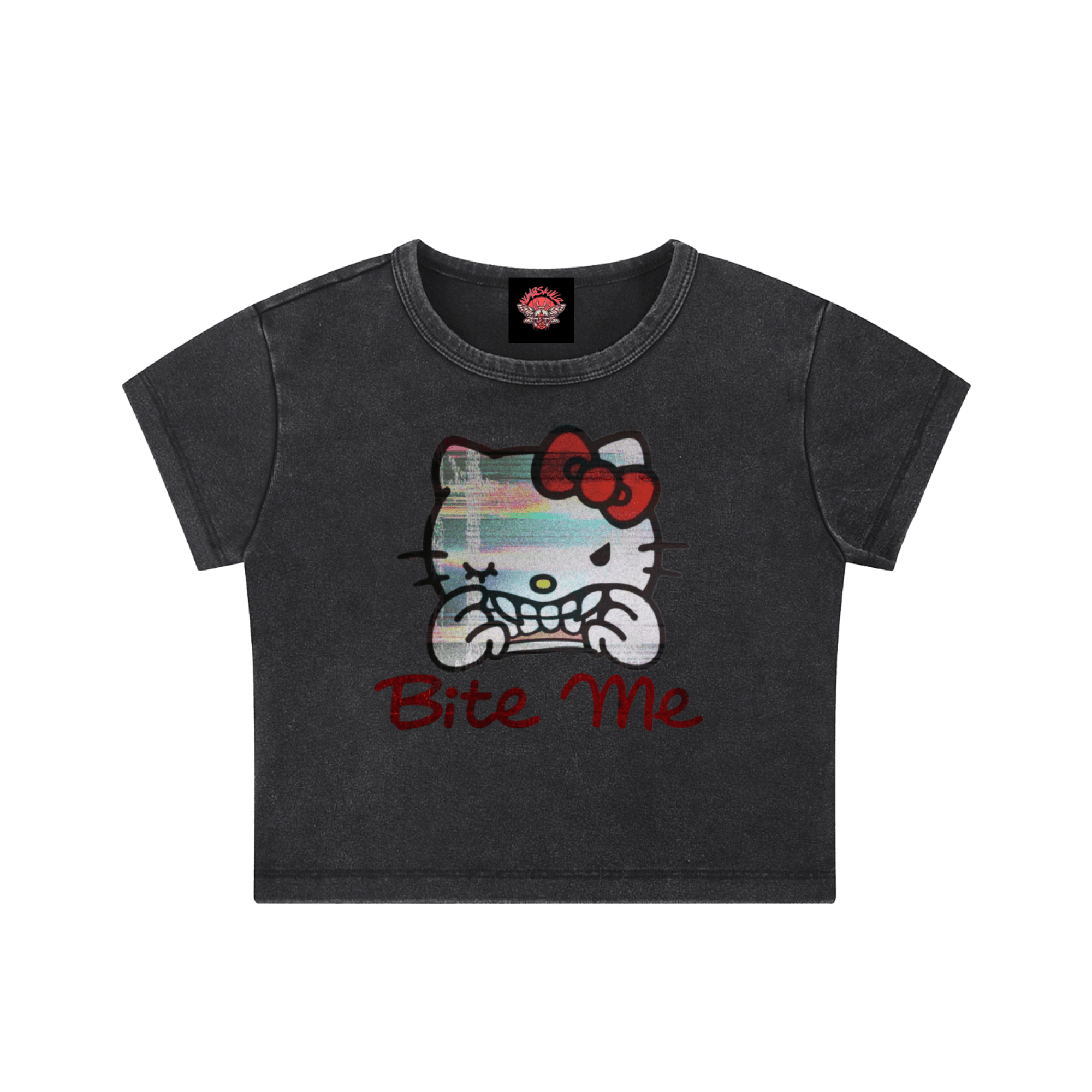 Hello, My Kitty Bites - Snow Washed Crop Top-80s-90s-animal-NumbskullzKC