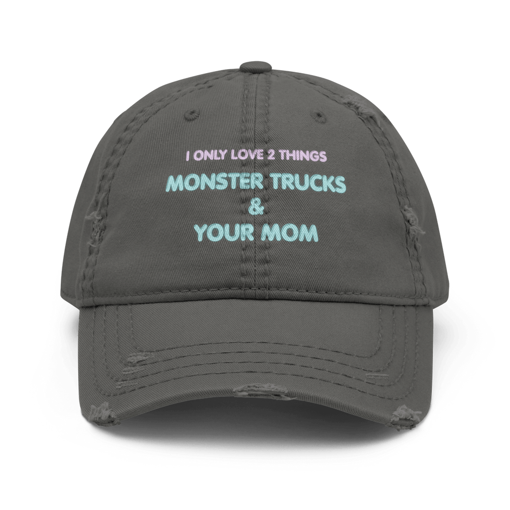 Monster Trucks + Mom - Distressed Ball Cap - ballcap - baseball style hats - graphic ball caps - Numbskullz
