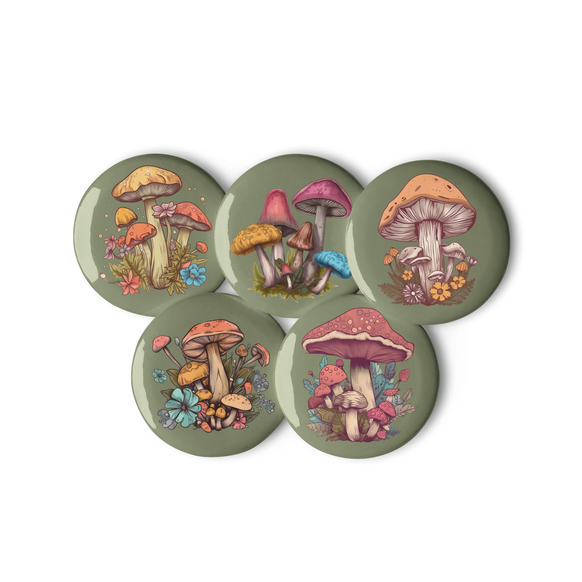 Mushrooms - Set of 5 Pin Buttons - accessories - buttons - decorative pins - Numbskullz